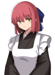 Rule 34 | 1girl, absurdres, apron, black kimono, blue bow, blush, bow, brown eyes, closed mouth, commentary, commentary request, hair bow, half updo, highres, japanese clothes, kimono, kohaku (tsukihime), looking at viewer, maid, maid apron, maz515, maz 515, red hair, short hair, simple background, smile, solo, tsukihime, wa maid, white apron, white background