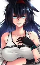 Rule 34 | 1girl, absurdres, animal ears, aqua eyes, arknights, bare shoulders, black gloves, black hair, blaze (arknights), breast hold, breasts, cat ears, collarbone, commentary, gloves, grin, hair between eyes, hairband, hand on own chest, highres, large breasts, long hair, looking at viewer, red hairband, shtooru, signature, simple background, smile, solo, tank top, upper body, white background, white tank top
