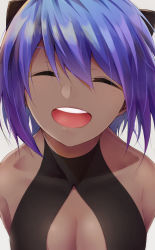 Rule 34 | 1girl, ^ ^, arms behind back, bare shoulders, black hairband, black leotard, breasts, center opening, cleavage, closed eyes, collarbone, commentary request, dark-skinned female, dark skin, facing viewer, fate/grand order, fate (series), hair between eyes, hair ornament, hairband, hassan of serenity (fate), highres, leotard, open mouth, purple hair, short hair, shunga (shun608), simple background, sleeveless, smile, solo, tan, teeth, upper body, upper teeth only