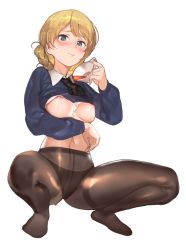 Rule 34 | 10s, 1girl, areola slip, bad id, bad pixiv id, black necktie, black panties, black pantyhose, blonde hair, blue eyes, blue sweater, blush, braid, breast hold, breasts, breasts out, clothes lift, collared shirt, crotch seam, cup, darjeeling (girls und panzer), full body, girls und panzer, highres, light smile, lips, long sleeves, looking at viewer, medium breasts, navel, necktie, nipple slip, nipples, no pants, panties, panties under pantyhose, pantyhose, pouring, school uniform, shirt, shirt lift, short hair, simple background, soles, solo, squatting, sweater, sweater lift, tea, teacup, thighband pantyhose, thighs, toes, twin braids, underwear, white shirt