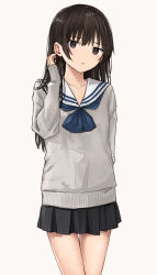 Rule 34 | 1girl, akipeko, arm behind back, black skirt, blue neckerchief, brown eyes, brown hair, collarbone, cowboy shot, grey sweater, hand in own hair, hand up, long hair, looking at viewer, miniskirt, neckerchief, original, parted lips, pleated skirt, sailor collar, simple background, skirt, solo, standing, sweater, white background