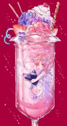 Rule 34 | 1girl, ahma, barefoot, bishoujo senshi sailor moon, blueberry, bridal garter, carrying, cherry, chibi usa, cone hair bun, cup, dessert, double bun, dress, drinking glass, food, food in mouth, from side, fruit, glass, hair bun, hair ornament, hairclip, highres, ice cream, in container, in cup, knees up, long hair, looking at viewer, luna-p, mini person, minigirl, mouth hold, parfait, pink background, pink hair, pocky, red background, red eyes, short hair, skirt, sleeveless, sleeveless dress, solo, sparkle, strawberry, submerged, thighhighs, twintails, whipped cream, white dress, white skirt, white thighhighs, wrist cuffs