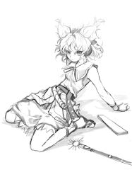 Rule 34 | 1girl, 80isiiii, absurdres, arm support, bracelet, closed mouth, full body, greyscale, headphones, highres, jewelry, monochrome, pointy hair, ribbon, ritual baton, sandals, sheath, sheathed, shirt, short hair, simple background, sketch, skirt, sleeveless, sleeveless shirt, solo, sword, touhou, toyosatomimi no miko, weapon, white background