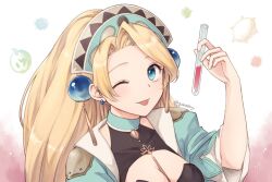 Rule 34 | 1girl, atelier (series), atelier marie, blonde hair, blue eyes, blush, breasts, cleavage, coat, commentary request, earrings, flask, green coat, hand up, hari (gorse6my), headdress, holding, holding flask, jewelry, kawaikute gomen (honeyworks), long hair, looking at viewer, marie (atelier), medium breasts, one eye closed, open clothes, open coat, parody, smile, solo, tongue, tongue out, twitter username, upper body, wide sleeves