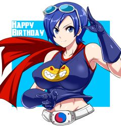 Rule 34 | &gt;:), 1girl, armpits, bare shoulders, belt, blue eyes, blue gloves, blue hair, breasts, cape, closed mouth, collarbone, eyewear on head, gloves, groin, happy birthday, highres, impossible clothes, impossible shirt, large breasts, looking at viewer, may lee, navel, okyou, shirt, short hair, sleeveless, sleeveless shirt, smile, solo, upper body