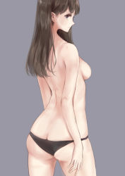 Rule 34 | 1girl, arched back, arms at sides, ass, back, bad id, bad pixiv id, black panties, blue eyes, breasts, brown hair, butt crack, closed mouth, cowboy shot, from behind, grey background, kashiwagi chisame, long hair, looking at viewer, looking back, original, panties, profile, sideboob, simple background, skindentation, small breasts, solo, thighs, underwear