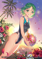 Rule 34 | 1girl, :d, bad id, bad pixiv id, ball, beach, beachball, black one-piece swimsuit, blush, breasts, collarbone, competition swimsuit, dutch angle, floating hair, flower, green eyes, green hair, hibiscus, highleg, highleg swimsuit, holding, holding ball, looking at viewer, ocean, one-piece swimsuit, open mouth, outdoors, palm tree, poshii (posy), red flower, short hair, small breasts, smile, solo, standing, swimsuit, tree, white flower, z/x