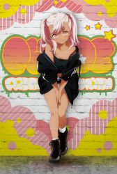 Rule 34 | 1girl, artist request, bare legs, bare shoulders, black jacket, blush, boots, bush, character name, chloe von einzbern, collarbone, copyright name, dark-skinned female, dark skin, fate/grand order, fate/kaleid liner prisma illya, fate (series), female focus, full body, graffiti, hair between eyes, hands between legs, hands on thighs, highres, hiroyama hiroshi, jacket, kneeling, looking at viewer, navel, official art, open clothes, open jacket, own hands together, painted wall, pink hair, raised eyebrows, shiny skin, shoelaces, smile, socks, solo, sportswear, star (symbol), striped clothes, striped jacket, twintails, wall, zipper