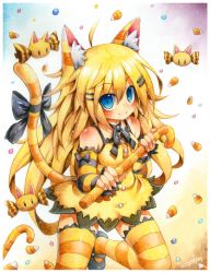 Rule 34 | 1girl, ahoge, animal ears, artist name, black bow, blonde hair, blue eyes, blush, bow, cat ears, cat tail, closed mouth, emperpep, hair ornament, hairclip, halloween, looking at viewer, orange thighhighs, original, painting (medium), signature, smile, solo, striped clothes, striped thighhighs, tail, tail bow, tail ornament, thighhighs, traditional media, watercolor (medium), yellow thighhighs