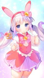 Rule 34 | 10s, 1girl, :o, alternate costume, animal ears, blue eyes, blunt bangs, blush, bow, bowtie, dragon girl, dress, gloves, half-closed eyes, kanna kamui, kobayashi-san chi no maidragon, light purple hair, looking at viewer, low twintails, magical girl, open mouth, piyodera mucha, puffy short sleeves, puffy sleeves, rabbit ears, short sleeves, solo, sparkle, staff, thighhighs, thighs, twintails, v, wand, zettai ryouiki