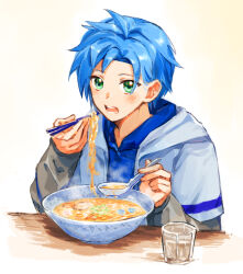 Rule 34 | 1boy, blue hair, bowl, chopsticks, conchitwa, cup, eating, food, green eyes, grey shirt, highres, holding, holding chopsticks, holding spoon, holostars, holostars english, hood, hood down, hoodie, jacket, layered sleeves, long sleeves, looking at viewer, male focus, noodles, open mouth, parted bangs, ramen, regis altare, shirt, short-sleeved jacket, short over long sleeves, short sleeves, spoon, sweat, table, virtual youtuber, white background, white jacket