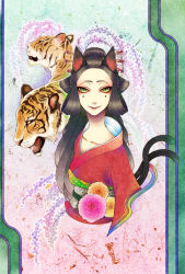 Rule 34 | 1girl, animal ears, black hair, cat ears, cat tail, geisha, green eyes, japanese clothes, kimono, makeup, mole, multiple tails, nekomata, original, sio5, slit pupils, solo, tail, tiger, tigers, two tails