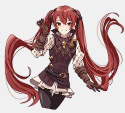 Rule 34 | 1girl, belt, black legwear, brown gloves, closed mouth, fire emblem, fire emblem fates, gloves, grey background, hair ribbon, long hair, long sleeves, nintendo, pikapika hoppe, red eyes, red hair, ribbon, selena (fire emblem fates), simple background, smile, solo, twintails, very long hair
