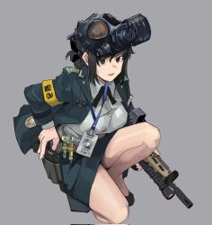 Rule 34 | 1girl, armband, assault rifle, belt, black footwear, black hair, black ribbon, blue jacket, blue skirt, daewoo k1, epaulettes, full body, gas mask, green eyes, grey background, gun, highres, holding, holding weapon, holster, id card, jacket, kneeling, long sleeves, looking to the side, mask, mask on head, name tag, neck ribbon, office lady, on one knee, open clothes, open jacket, original, parted lips, pencil skirt, ribbon, rifle, shirt, short hair, sidelocks, simple background, skirt, solo, sweat, wani (perfect han), weapon, weapon request, white shirt, wing collar, yellow armband