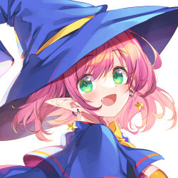 Rule 34 | 1girl, :d, alice wishheart, blue capelet, blue hat, bucchake (asami), capelet, earrings, fang, floating hair, green eyes, hat, jewelry, long hair, looking at viewer, magical halloween, open mouth, pink hair, pointy ears, portrait, smile, solo, star (symbol), star earrings, white background, witch hat