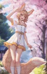 Rule 34 | 1girl, :d, ahoge, animal ear piercing, animal ears, arm up, bag, braid, brown eyes, brown hair, cherry blossoms, dress, feet out of frame, fox ears, fox girl, fox tail, handbag, highres, holding, holding bag, khiara (personal ami), large tail, looking at viewer, medium hair, off-shoulder dress, off shoulder, open mouth, original, outdoors, personal ami, side braids, signature, smile, socks, solo, tail, teeth, upper teeth only, white dress, white socks