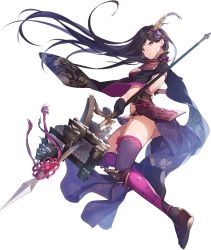 Rule 34 | 1girl, artist request, ass, black hair, breasts, dutch angle, full body, grey eyes, hair ornament, holding, holding polearm, holding spear, holding weapon, iyo matsuyama (oshiro project), large breasts, long hair, official art, oshiro project:re, oshiro project:re, parted bangs, polearm, solo, spear, transparent background, very long hair, weapon