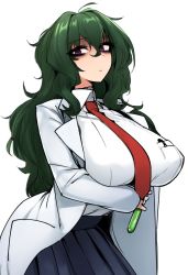 Rule 34 | 1girl, bad id, bad twitter id, bags under eyes, blue skirt, breast pocket, breasts, closed mouth, commentary request, cowboy shot, fuwa hyouka, gloom (expression), green hair, hair between eyes, holding, huge breasts, j.k., lab coat, leaning forward, long hair, long sleeves, looking at viewer, necktie, pleated skirt, pocket, purple eyes, red necktie, shimoneta to iu gainen ga sonzai shinai taikutsu na sekai, simple background, skirt, solo, standing, very long hair, vial, white background, wing collar