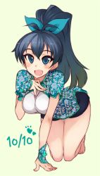 Rule 34 | 1girl, :d, all fours, antenna hair, bad id, bad twitter id, bare legs, barefoot, black hair, blue eyes, blush, chinese clothes, dated, earrings, fang, floral print, full body, ganaha hibiki, hand on own chest, high ponytail, idolmaster, idolmaster (classic), jewelry, kusanagi tonbo, long hair, looking at viewer, open mouth, ponytail, shorts, simple background, smile, solo
