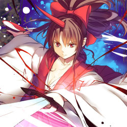 Rule 34 | 1girl, bow, breasts, brown hair, cleavage, collarbone, culter, cup, hair bow, horns, japanese clothes, katana, kimono, konngara (touhou), long sleeves, looking at viewer, medium breasts, ponytail, red eyes, sakazuki, single horn, smile, solo, sword, touhou, touhou (pc-98), weapon, wide sleeves