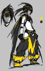 Rule 34 | 1girl, absurdres, black hair, boots, breasts, cape, color guide, frown, full body, grey background, hayabusa (niwarhythm), highres, looking at viewer, multiple views, navel, niwarhythm, original, pants, parted lips, pelvic curtain, simple background, sketch, standing, tomboy, underboob, wings, yellow eyes