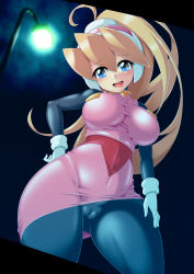 Rule 34 | :d, alternate breast size, blonde hair, blue eyes, blush, breasts, cameltoe, ciel (mega man), cleft of venus, contrapposto, gloves, hair between eyes, hand on own hip, hand on own thigh, headgear, high ponytail, impossible clothes, light, long hair, looking at viewer, looking down, medium breasts, mega man (series), mega man zero (series), open mouth, pantyhose, ponytail, semikichi, skirt, smile, solo, taut clothes, white gloves