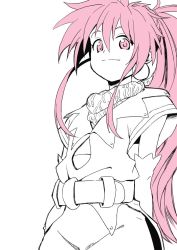 Rule 34 | 1girl, arche klein, belt, closed mouth, earrings, elbow gloves, gloves, jewelry, long hair, looking at viewer, neko (hansinn), pink eyes, pink hair, ponytail, simple background, smile, solo, tales of (series), tales of phantasia, white background, wide ponytail