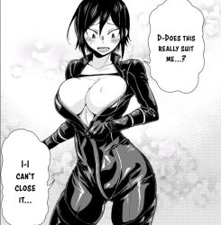 Rule 34 | black hair, blush, breasts, collarbone, cosplay, embarrassed, fang, gloves, greyscale, hitomi-chan wa hitomishiri, jacket, large breasts, leather, monochrome, neck, open clothes, open jacket, shiny clothes, short hair, strap, sweat, takano hitomi, talking, text focus, thighs, underboob, white background, white eyes, zipper