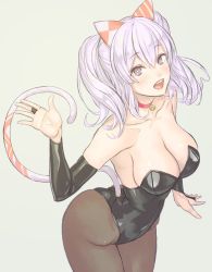 Rule 34 | 10s, 1girl, :d, arched back, bare shoulders, bell, black leotard, black pantyhose, breasts, bridal gauntlets, brown pantyhose, cat tail, choker, cleavage, collar, collarbone, elbow gloves, female focus, gloves, grey eyes, jingle bell, kantai collection, kashima (kancolle), kittysuit, large breasts, leotard, lips, lipstick, looking at viewer, makeup, neck, neck bell, nontraditional playboy bunny, open mouth, pantyhose, playboy bunny, round teeth, short hair, smile, solo, standing, strapless, tail, teeth, twintails, white hair, yuuji (and)