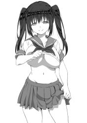 Rule 34 | 1girl, breasts, clothes lift, contrapposto, cowboy shot, greyscale, highres, large breasts, lifted by self, long hair, looking at viewer, miniskirt, monochrome, navel, neckerchief, no bra, original, pleated skirt, school uniform, serafuku, shirt lift, short hair, skirt, skirt lift, smile, solo, standing, tonkotu102, twintails, underboob