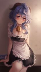 Rule 34 | 1girl, 1yu x, absurdres, ahoge, alternate costume, apron, arm behind back, arm support, bare arms, black dress, blue hair, blurry, breasts, cleavage, collar, detached collar, dress, enmaided, feet out of frame, frilled apron, frilled dress, frills, ganyu (genshin impact), genshin impact, goat horns, gradient eyes, hair between eyes, highres, horns, indoors, lamp, large breasts, long hair, looking at viewer, maid, multicolored eyes, parted lips, purple eyes, sidelocks, sitting, sleeveless, sleeveless dress, thighs, white apron, white collar