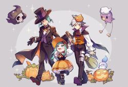 1girl 2boys aged_down alternate_costume bow bowtie broom cape closed_mouth commentary_request creatures_(company) drifloon duskull game_freak gen_3_pokemon gen_4_pokemon gen_5_pokemon gloves green_hair halloween hat holding holding_broom jack-o&#039;-lantern jewelry lisia_(pokemon) litwick long_sleeves mask mask_on_head multiple_boys nintendo orange_vest pants pantyhose pokemon pokemon_(creature) pokemon_oras pumpkin purple_vest ring shirt shoes short_hair smile standing steven_stone striped_clothes striped_pantyhose themed_object top_hat uncle_and_niece vest walking wallace_(pokemon) white_shirt zeroki_(izuno)