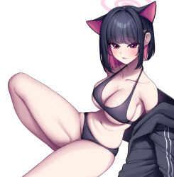 Rule 34 | 1girl, :d, absurdres, animal ears, black bra, black hair, black panties, blue archive, blunt bangs, blush, bra, breasts, cat ears, cleavage, hair ornament, hairclip, halo, highres, jacket, kazusa (blue archive), large breasts, looking at viewer, metaljelly, multicolored hair, navel, off shoulder, open mouth, panties, pink hair, red eyes, short hair, simple background, smile, solo, two-tone hair, underwear, white background