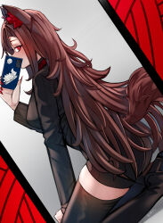 Rule 34 | 1girl, alternate costume, animal ear fluff, animal ears, black footwear, boots, brown hair, cellphone, commentary, ehrrr, english commentary, high heel boots, high heels, highres, holding, holding phone, imaizumi kagerou, long hair, long sleeves, looking at viewer, mirror, nail polish, phone, red eyes, red nails, reflection, selfie, sitting, smartphone, solo, tail, thigh boots, touhou, very long hair, wolf ears, wolf girl, wolf tail