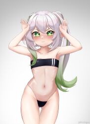 Rule 34 | + +, 1girl, absurdres, armpits, arms up, bad id, bad pixiv id, bare arms, bare shoulders, blush, collarbone, commentary request, covered navel, cowboy shot, flat chest, genshin impact, gluteal fold, gradient background, gradient hair, green eyes, green hair, grey background, grey hair, gris swimsuit, groin, hands up, highres, long hair, looking at viewer, meme attire, mockingeu, multicolored hair, nahida (genshin impact), navel, nose blush, pointy ears, rabbit pose, see-through, side ponytail, solo, standing, strapless, strapless one-piece swimsuit, swimsuit, thigh gap, thighs, very long hair, wavy mouth, white hair