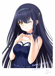 Rule 34 | 105961, 1girl, 2024, ;), bare arms, black choker, black dress, black hair, black hairband, blush, bone hair ornament, breasts, bright pupils, character name, choker, cleavage, closed mouth, commentary request, dated, dress, eyes visible through hair, floating hair, frilled choker, frills, hair between eyes, hair ornament, hairband, hands up, happy, happy birthday, heart, heart hands, highres, kushima kamome, large breasts, long hair, looking at viewer, one eye closed, sidelocks, simple background, skull and crossbones, skull hair ornament, sleeveless, sleeveless dress, smile, solo, split mouth, straight hair, summer pockets, upper body, very long hair, white background, yellow eyes