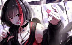 Rule 34 | 1girl, bang dream!, black choker, black hair, black jacket, choker, commentary request, fingernails, fuu (fuore), hand up, highres, holding, holding microphone, jacket, jewelry, looking at viewer, microphone, mitake ran, multicolored hair, music, nail polish, necklace, off shoulder, open mouth, red eyes, red nails, round teeth, short hair, singing, solo, streaked hair, teeth, uneven eyes, upper body, wide-eyed