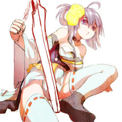 Rule 34 | 1girl, ahoge, aililith, bad id, bad pixiv id, bare shoulders, clenched hand, female focus, hair ornament, hair rings, leaning to the side, original, panties, purple hair, simple background, sitting, sketch, solo, spread legs, sword, thighhighs, underwear, unfinished, weapon, white background, white thighhighs