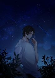 Rule 34 | 1boy, absurdres, akai shuuichi, between fingers, black hair, blurry, blurry foreground, chitose (chitose 70207), cigarette, closed mouth, commentary, green eyes, hand in pocket, hand up, highres, holding, holding cigarette, horizon, looking at viewer, male focus, meitantei conan, meteor shower, night, night sky, outdoors, pants, plant, shirt, shooting star, short hair, short sleeves, sky, smile, smoke, solo, standing, star (sky), starry sky, white shirt