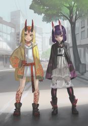 Rule 34 | 2girls, :p, blonde hair, boots, casual, city, commentary, contemporary, english commentary, eyeshadow, facial mark, fang, fate/grand order, fate (series), fingernails, forehead mark, hand on own hip, highres, horns, ibaraki douji (fate), looking at viewer, makeup, multiple girls, oni, paintrfiend, pink eyes, pointy ears, purple hair, red eyeshadow, sharp fingernails, sharp toenails, shuten douji (fate), skin-covered horns, skin fang, tattoo, toenails, tongue, tongue out, yellow eyes