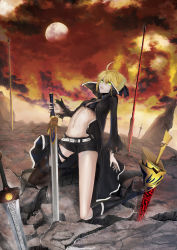 Rule 34 | 1girl, absurdres, ahoge, arondight (fate), artoria pendragon (all), artoria pendragon (fate), bikini, bikini top only, black bikini, black rock shooter, black rock shooter (character), black rock shooter (cosplay), blonde hair, cosplay, ea (fate/stay night), excalibur (fate/stay night), fate/stay night, fate/zero, fate (series), flat chest, full moon, gae buidhe (fate), gae dearg (fate), green eyes, highres, long coat, mek, midriff, moon, navel, parody, planted, planted sword, planted weapon, saber (fate), shorts, solo, swimsuit, sword, weapon
