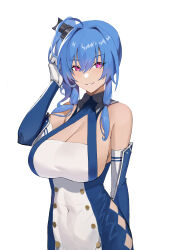 Rule 34 | 1girl, absurdres, argyle, argyle clothes, argyle cutout, arm behind back, azur lane, bare shoulders, blue hair, breasts, cleavage, clothing cutout, commentary, dress, freedomexvss, gloves, grin, highres, large breasts, looking at viewer, pink eyes, side ponytail, sidelocks, smile, solo, st. louis (azur lane), taut clothes, taut dress, white background, white gloves
