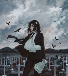 Rule 34 | 1girl, absurdres, arm rest, arm sling, bandaged arm, bandaged head, bandages, bird, black hair, black necktie, black pants, bouquet, chainsaw man, cloud, cloudy sky, collared shirt, cross, crow, eyepatch, floating clothes, floating neckwear, flower, formal, grave, graveyard, highres, himeno (chainsaw man), mountainous horizon, necktie, pants, pigone, scenery, shirt, shirt tucked in, short hair, sky, solo, standing, suit, white shirt