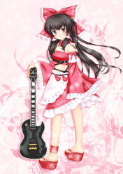 Rule 34 | 1girl, alternate costume, anklet, bad id, bad pixiv id, bow, detached sleeves, female focus, guitar, hair bow, hakurei reimu, highres, instrument, japanese clothes, jewelry, long hair, miko, nekokotei, sandals, solo, touhou