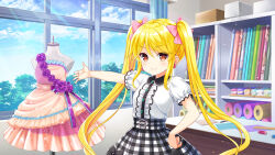 1girl black_dress black_ribbon blonde_hair closed_mouth day dress earrings girlfriend_(kari) indoors jewelry long_hair looking_at_viewer official_art plaid_clothes plaid_dress qp:flapper ribbon school shirt smile solo standing tagme tokitani_koruri twintails v-shaped_eyebrows white_shirt window yellow_eyes