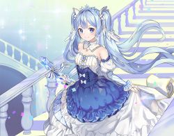Rule 34 | 1girl, bad id, bad pixiv id, beamed eighth notes, blue dress, blue eyes, blue hair, blush, cape, confetti, cowboy shot, crystal, detached collar, detached sleeves, dress, eighth note, fortissimo, frilled dress, frilled sleeves, frills, hair ornament, hatsune miku, holding, holding clothes, holding dress, holding wand, juliet sleeves, layered dress, long sleeves, looking to the side, musical note, musical note hair ornament, posom, puffy sleeves, smile, snow, solo, stairs, strapless, strapless dress, striped sleeves, tiara, vocaloid, wand, yuki miku, yuki miku (2019)