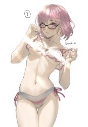 Rule 34 | 1girl, ?, bikini, black-framed eyewear, blush, breasts, cleavage, collarbone, commentary, cowboy shot, eyes visible through hair, fate/grand order, fate (series), frilled bikini, frills, glasses, highres, light censor, looking at viewer, mash kyrielight, mash kyrielight (swimsuit of perpetual summer ver.02), medium breasts, mondi hl, navel, official alternate costume, parted lips, pink hair, purple eyes, see-through, short hair, side-tie bikini bottom, solo, speech bubble, spoken question mark, strap pull, striped bikini, striped clothes, swimsuit, thigh gap, twitter username, underboob, white background