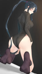 Rule 34 | 1girl, alternate costume, ass, asymmetrical legwear, bad id, bad twitter id, black hair, black sweater, blush, breasts, closed mouth, feet, from behind, hand on own hip, heattech leotard, highleg, highleg leotard, highres, kantai collection, kneeling, large breasts, leotard, long hair, long sleeves, looking at viewer, looking back, no shoes, pallad, ponytail, red eyes, ribbed leotard, ribbed sweater, scrunchie, sidelocks, simple background, single thighhigh, soles, solo, sweater, thighhighs, turtleneck, turtleneck sweater, uneven legwear, yahagi (kancolle)