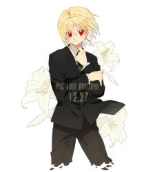 Rule 34 | 16 ban, 1boy, androgynous, bad id, bad pixiv id, blonde hair, dated, earrings, english text, flower, formal, hunter x hunter, jewelry, kurapika, lily (flower), male focus, necktie, red eyes, short hair, single earring, solo, suit, white background