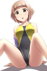 Rule 34 | 1girl, blunt bangs, breasts, brown eyes, brown hair, collarbone, competition swimsuit, covered navel, feet out of frame, idolmaster, idolmaster cinderella girls, jacket, kitami yuzu, medium breasts, one-piece swimsuit, open mouth, pataneet, short hair, simple background, sitting, solo, spread legs, swimsuit, two-tone swimsuit, white background, white jacket